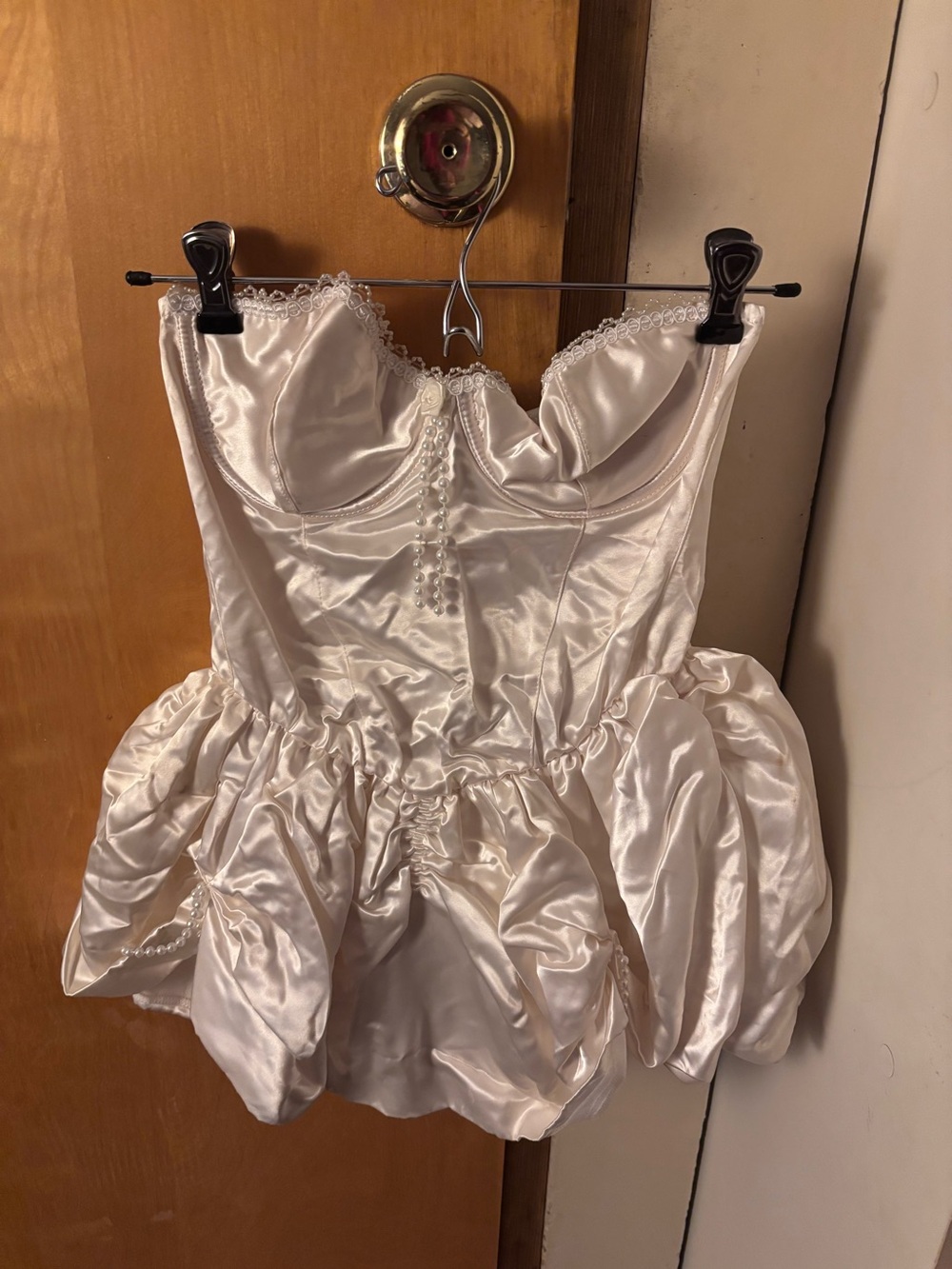 Vintage Frederick's of Hollywood Ivory Strapless Satin Bubble Hem Bustier Dress